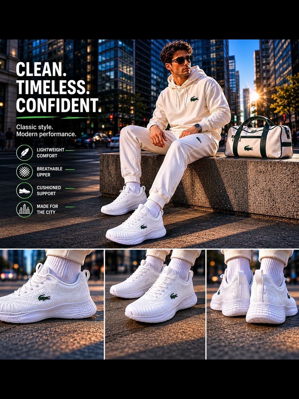 Lacoste White Knit Trainers with Green Croc Accent